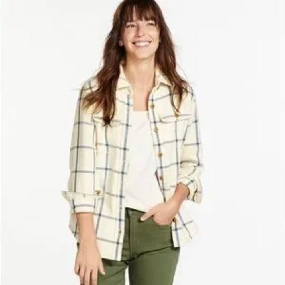 L.L. Bean Cream and Blue Plaid Button Down Shirt